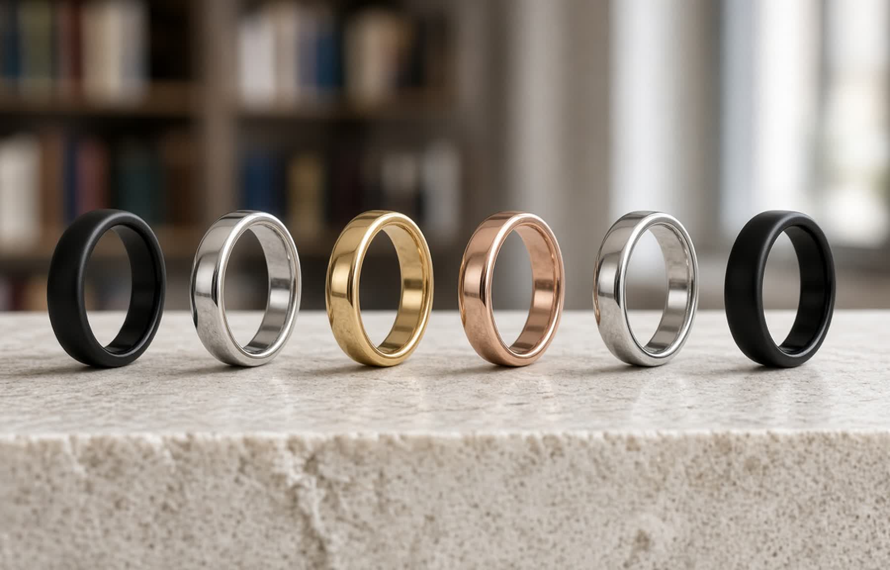 Six Oura rings in gold, silver, black, and rose gold on a pale pedestal
