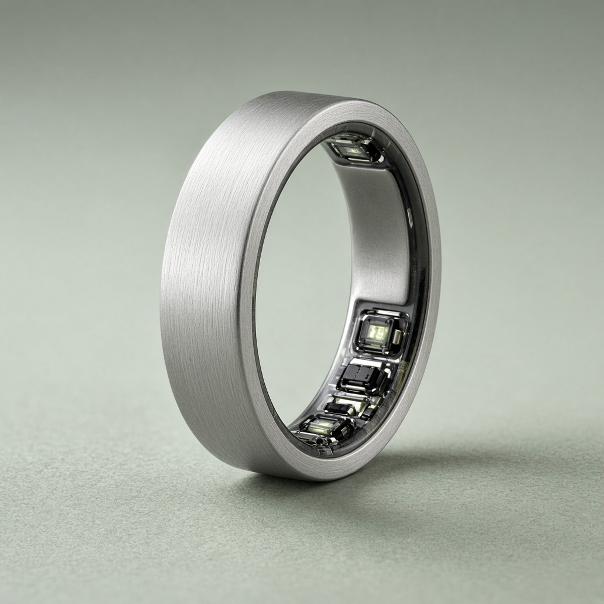 Brushed Silver Oura Ring 5, sensors visible inside the band